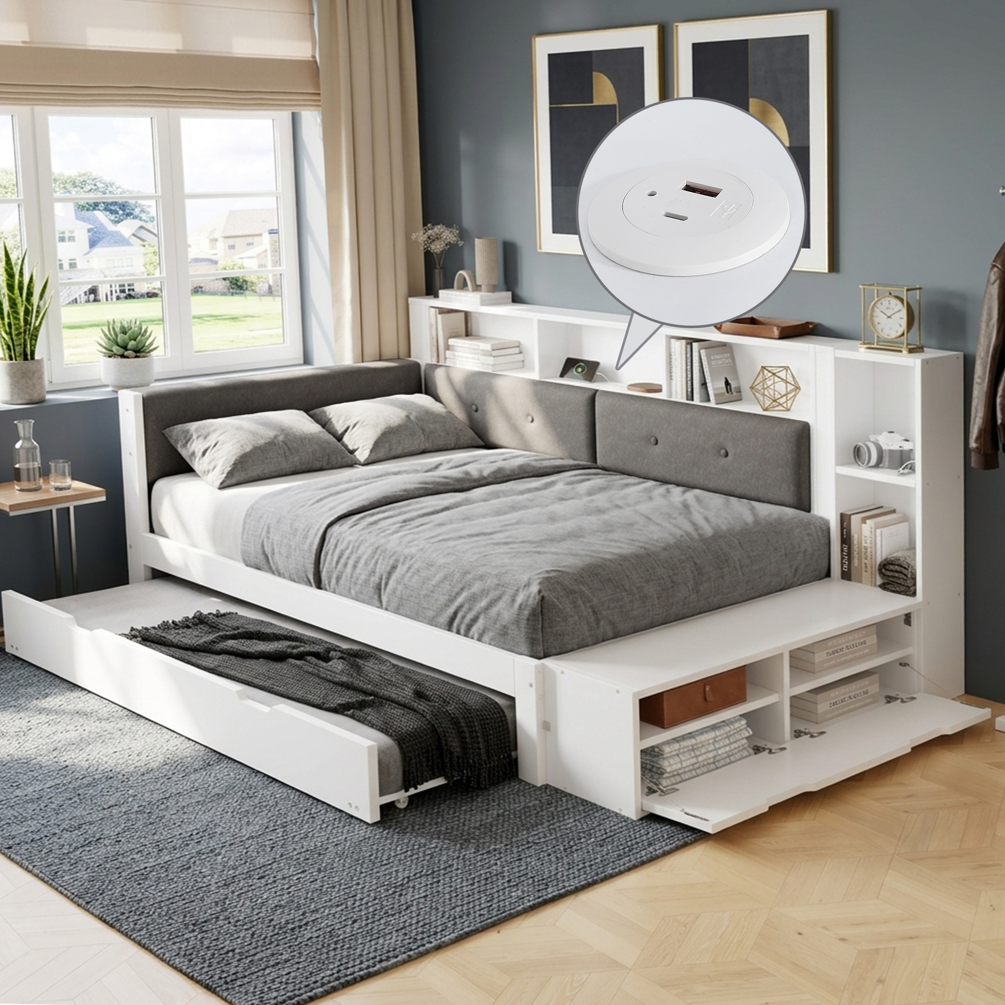 Prise de recharge intégrée et structure du lit en pin