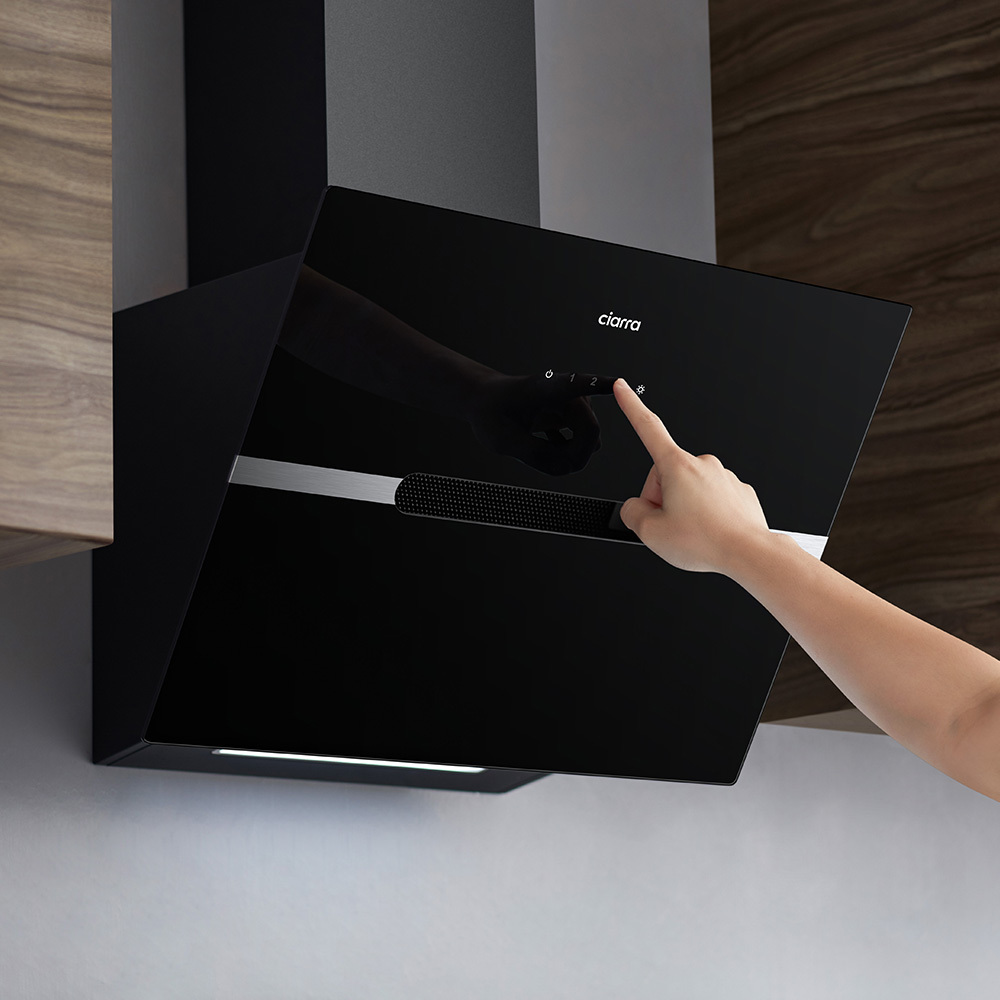 CIARRA Hotte Inclinee Tactile 60cm 650m/h Classe A++ Filtre Actif 4 Vitesses Recyclage Ou Evacuation - Verre Noir - CD6736FB 15 hotte ciarra LED ECLAIRAGE