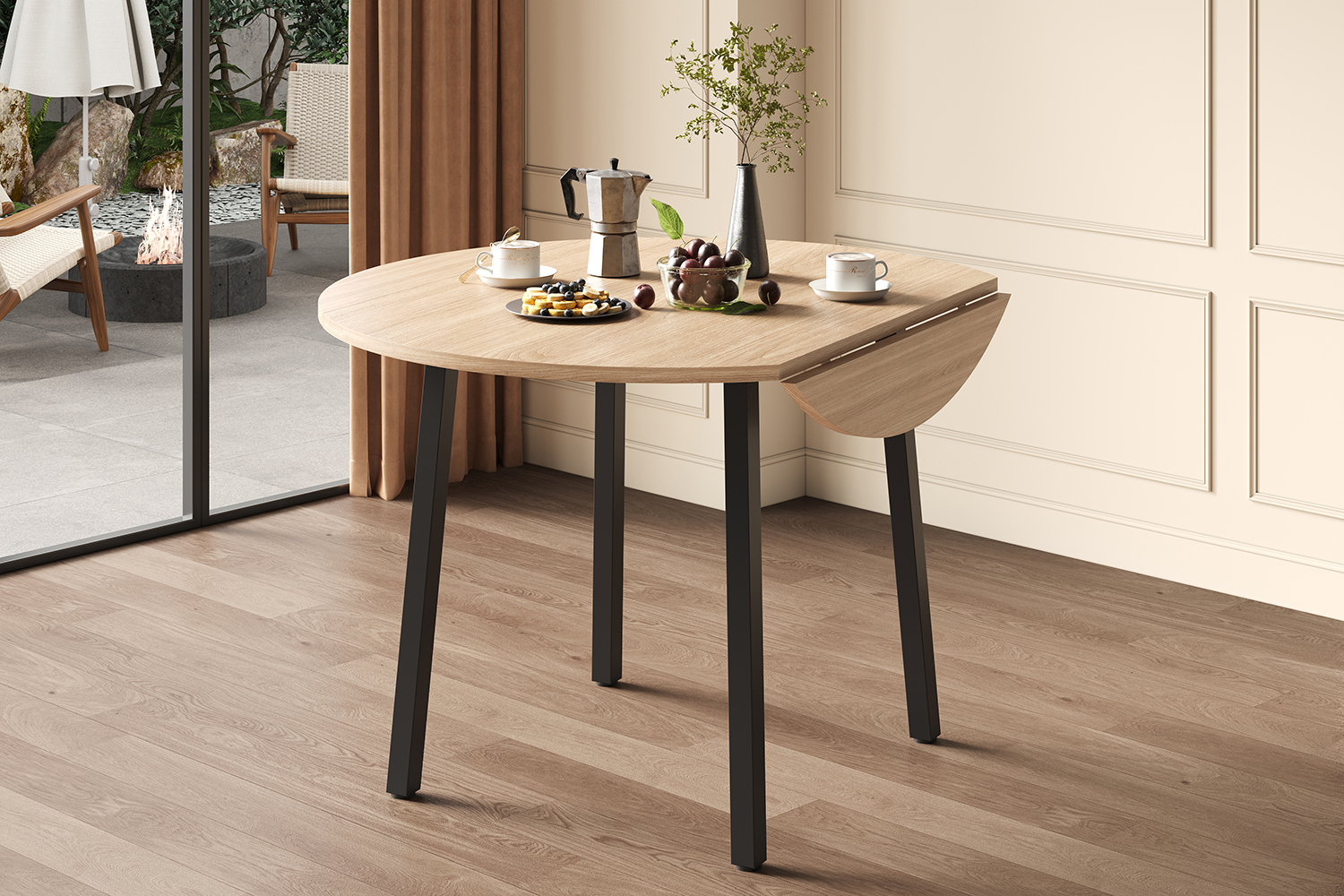 Table ronde coloris chêne avec plateau latéral rabattable et pieds en métal
