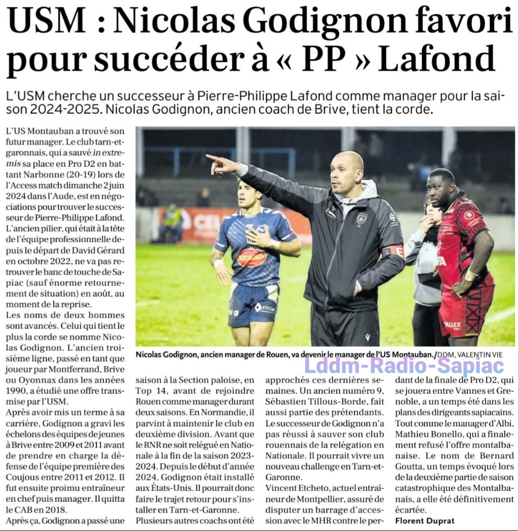 INFOS ce JEUDI 6 JUIN 2024 (Matinée) > RUGBY MONTAUBAN > PP.LAFOND Remercié > Les Noms de Nicolas GODIGNON et Sébastien TILLOUS-BORDES circulent <> TRANSFERTS USM > le demi de mêlée de Lyon Joe POWELL s’engage avec l’USM <> Du Côté de Sapiac <> TRAVAUX à  X1h2wx