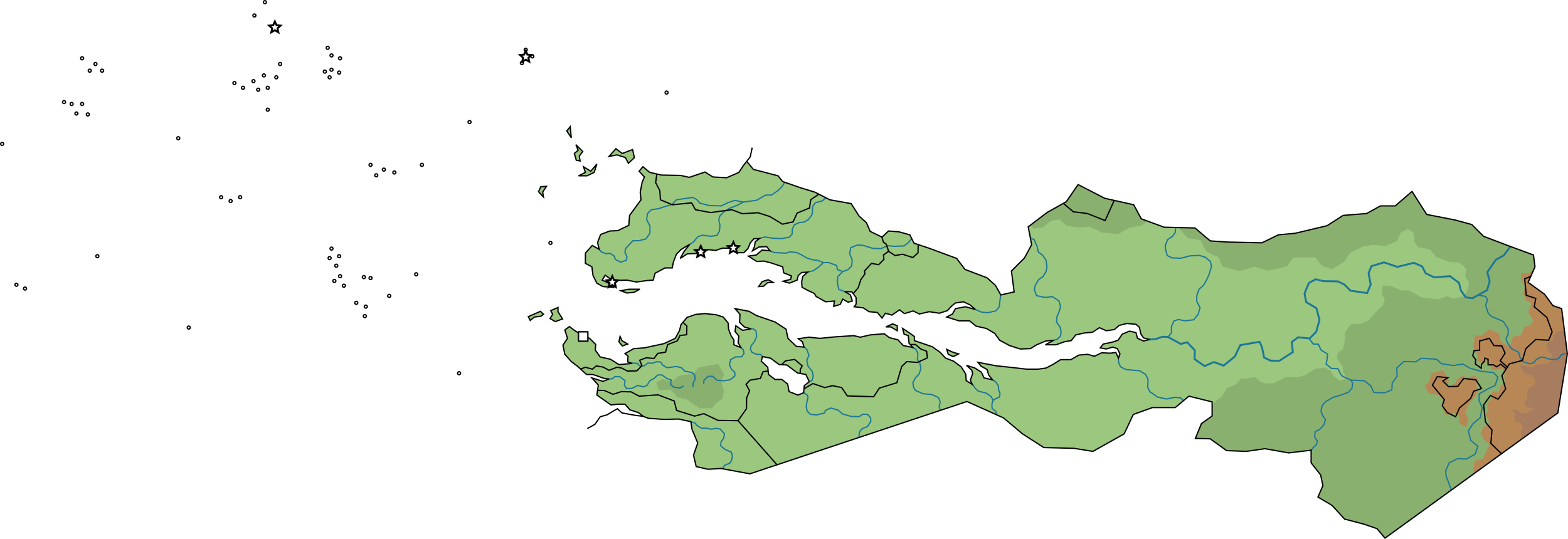 Carte topographique et hydrographique du Chandekolza avec les bases militaires qui s'y situent ainsi que la capitale.