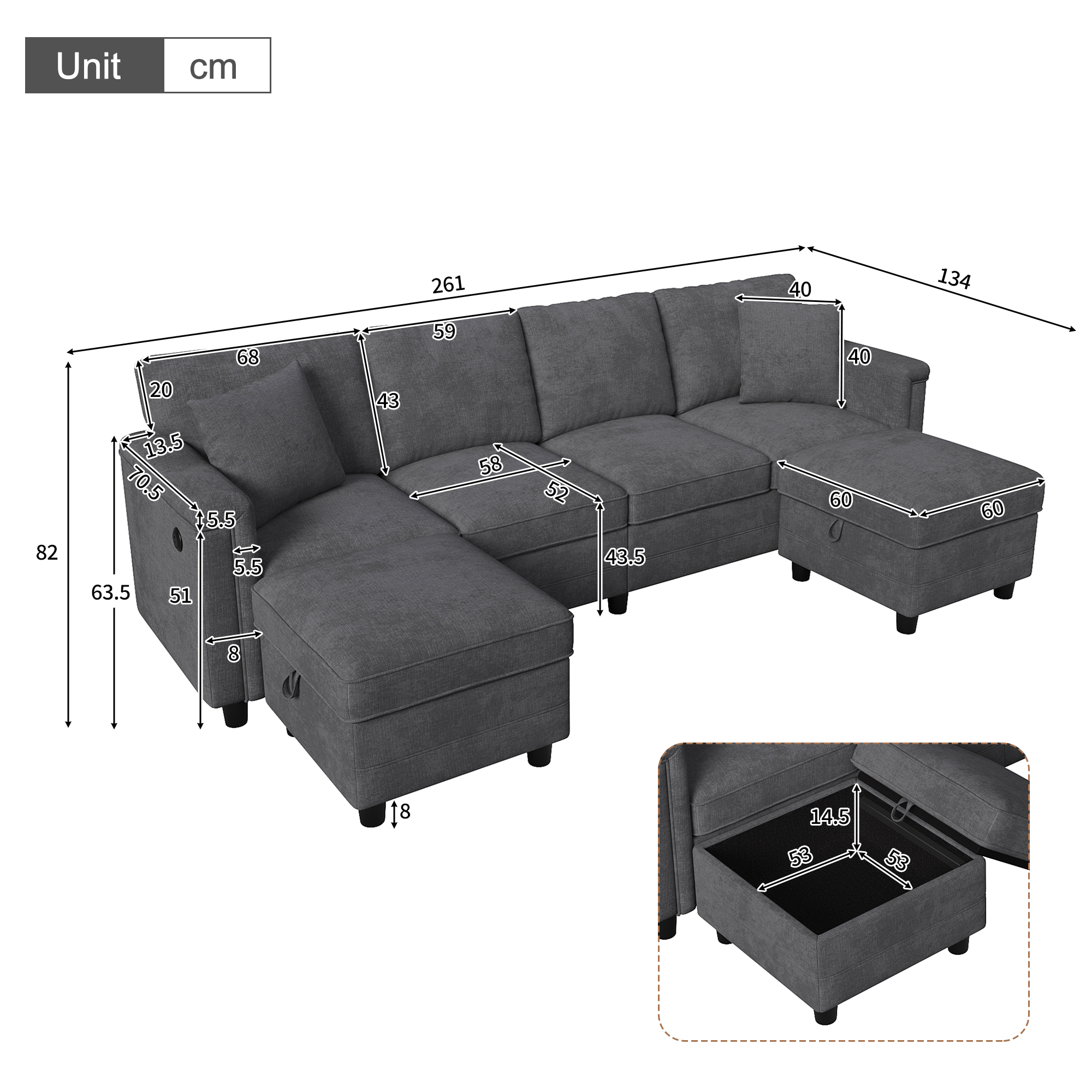 Dimensions détaillées du canapé modulable gris