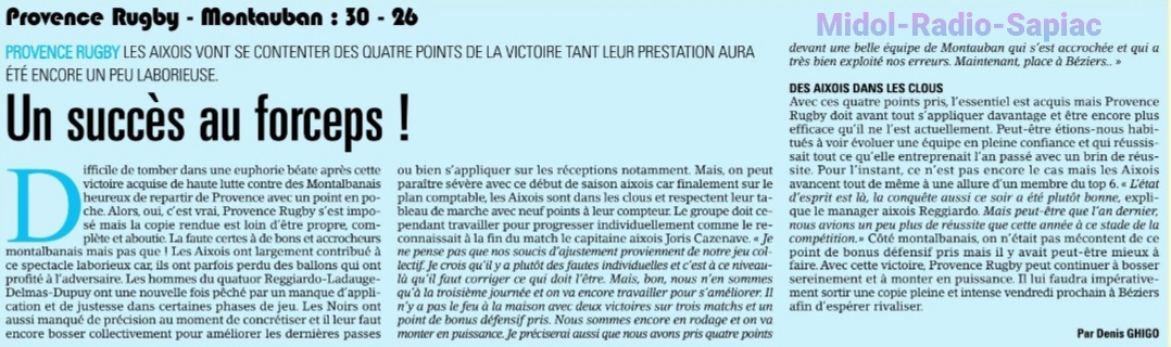 INFOS ce LUNDI 16 SEPTEMBRE (Matinée) > Pro D2 – J4 > J -4 du match > USM / BIARRITZ ce vendredi 19H Stade de Sapiac <> Pro D2 - J3 > RÉSULTAT > PROVENCE RUGBY 30 - 26 USM (Bd) <> RÉSULTAT ESPOIRS > (BO) USM 30 - 13 CARCASSONNE <> Les RÉSULTATS du RUGBY R Xdl7km