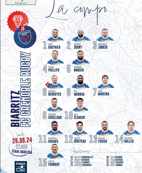 INFOS ce VENDREDI 27 SEPTEMBRE (Matinée) > Pro D2 – J5 > Jour de match > NEVERS / USM ce soir 19H30 au stade du pré fleuri <> Les COMPOS <> Pro D2 > En match d'ouverture hier soir > (BO) BIARRITZ 35 - 15 GRENOBLE > Le CLASSEMENT PROVISOIRE Xivt9w