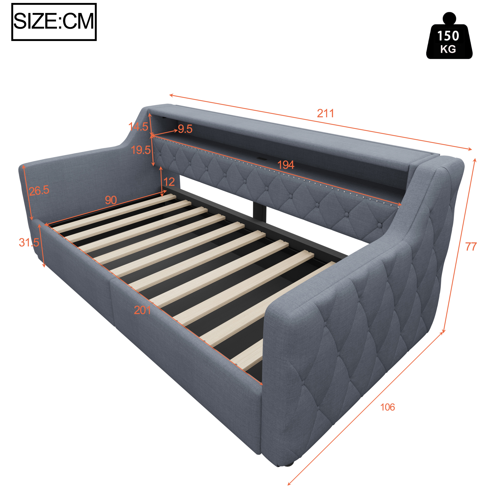 Dimensions du lit banquette 90 x 200 cm