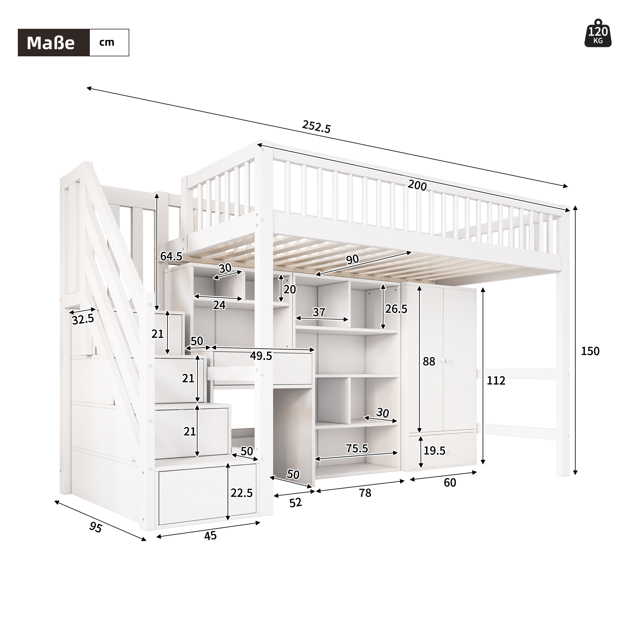 Dimensions détaillées du lit mezzanine 90 x 200 cm avec bureau et rangements