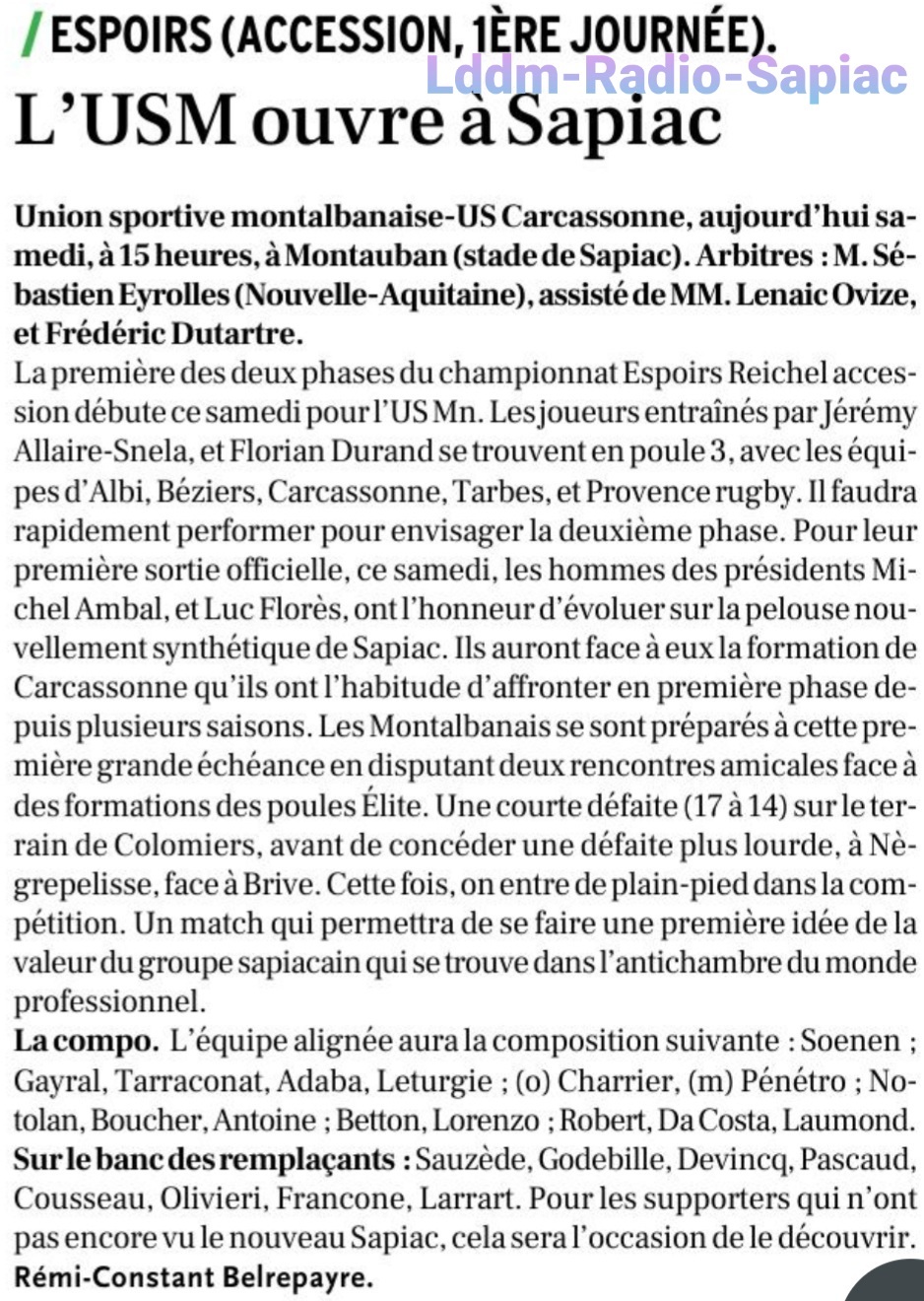 INFOS ce SAMEDI 14 SEPTEMBRE (Matinée) > Pro D2 - J3 > RÉSULTAT > PROVENCE RUGBY 30 - 26 USM (Bd) hier soir au Stade Maurice David <> RETROUVEZ les RÉSULTATS et le CLASSEMENT <> ESPOIRS > Cet après-midi 15H à Sapiac > USM / CARCASSONNE Ychwpr