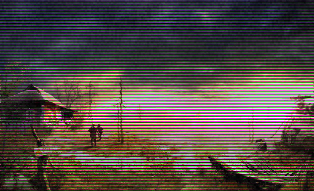 image brouillée d'un territoire désolé montrant un hélicoptère militaire détruit à droite et une maison à gauche. Un petit panneau sur un arbre mort de la maison indique un danger radioactif et un grand nuage sombre se dresse au loin, alors que la lumière perce l'image au loin à droite, contrastant avec le nuage. 