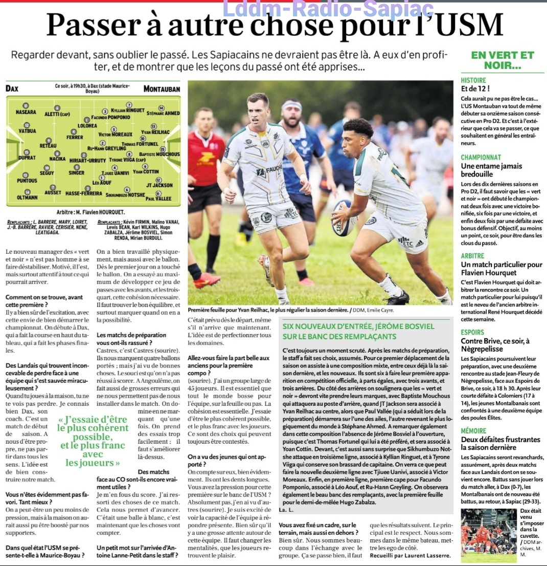 INFOS ce VENDREDI 30 AOÛT 2024 (Matinée) > Pro D2 > JOUR de MATCH pour les Sapiacains > DAX / USM ce soir 19H30 – Les COMPOS <> Du CÔTÉ de SAPIAC <> NOUVEAUX MAILLOTS OFFICIELS <> RÉSULTAT en MATCH D'OUVERTURE  hier soir à A.Domenec > BRIVE 18 – 9 OYONNAX Ysdql9