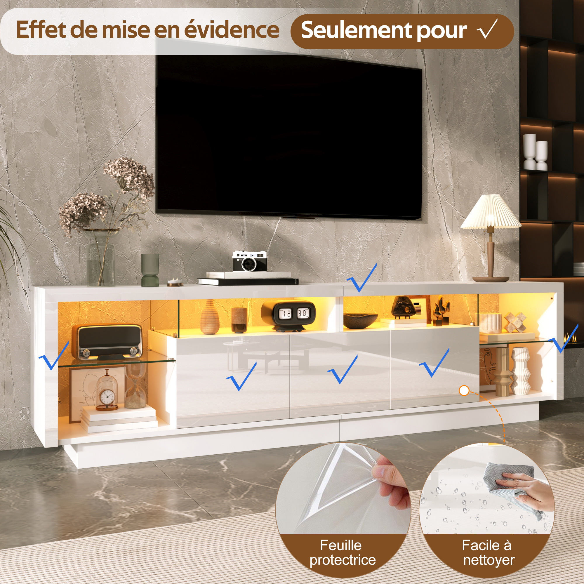 Meuble TV blanc brillant 200 cm au design contemporain