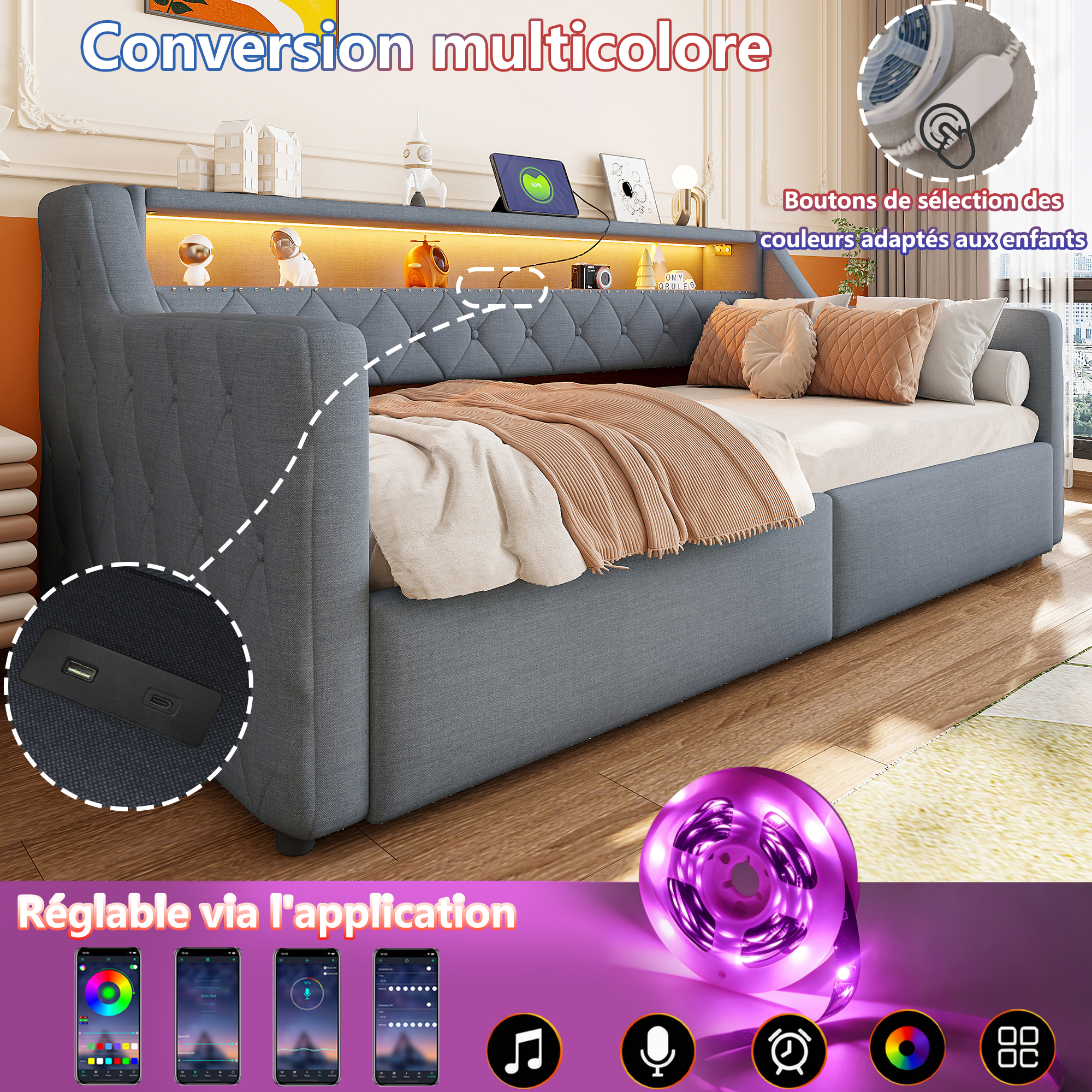 Éclairage LED multicolore intégré au lit banquette
