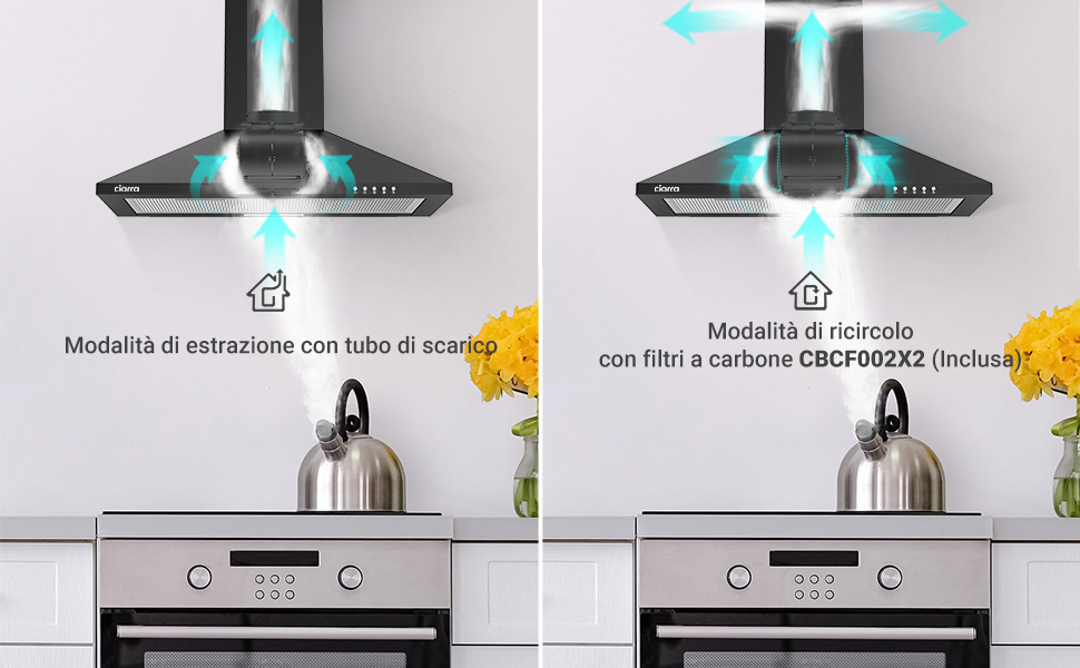 CIARRA Cappa A Parete Piramide 60cm 201BK60 - Nero: 350m³/h Estrazione, 3 Livelli Di Potenza, Filtro A Carbone E Grasso 13 CIARRA 201BK60