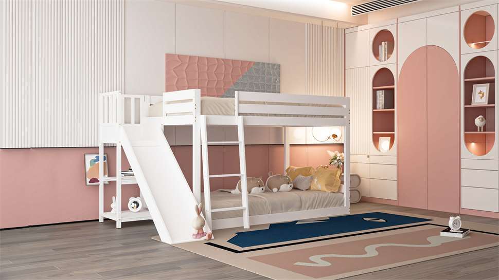 Lit Superposé 90x200cm - Lit D'enfant Avec Sommier à Lattes, Toboggan Et étagère Lit En Pin Avec échelle Et Protection Antichute - Blanc 12 width=970