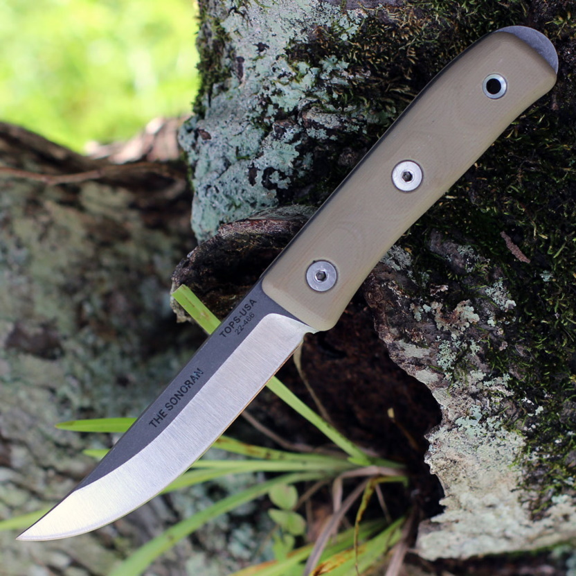 Couteau Tops Knives The Sonoran Lame Acier Carbone 1095 Manche G10 Tan Etui Cuir Made USA TPTSNRN01 18 Image