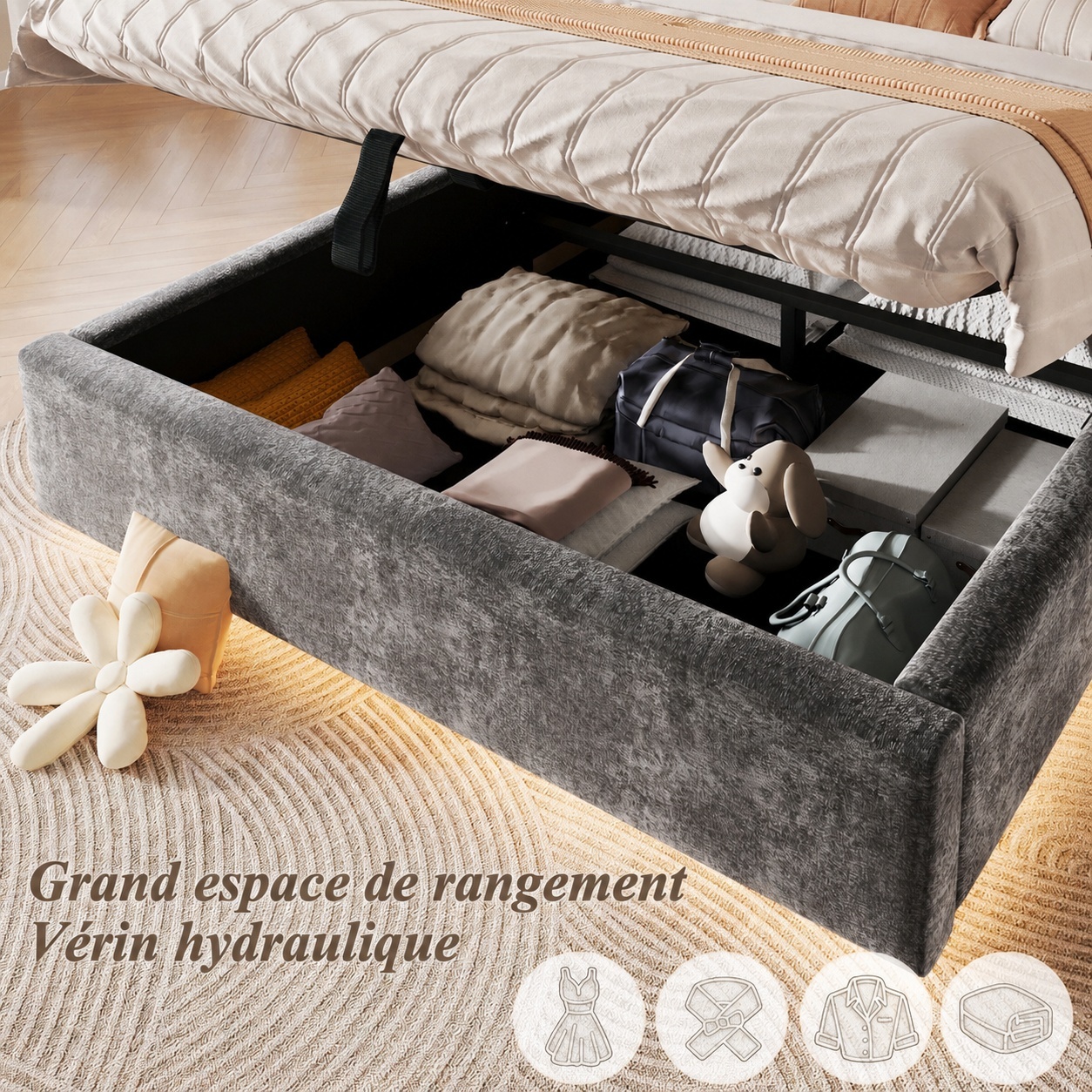 Grand coffre de rangement sous le lit avec sommier relevable