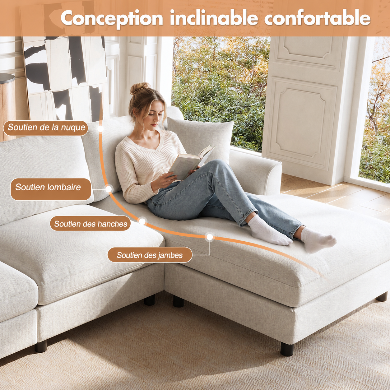 Méridienne extra-large du canapé d'angle beige