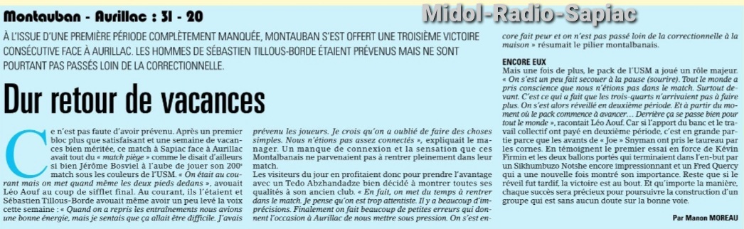 INFOS ce LUNDI 14 OCTOBRE (Matinée) > Pro D2 - J7 > J -4 du match VALENCE ROMANS / USM ce Vendredi 19H30 stade Georges Pompidou <> RÉSULTAT J6 > USM 31 - 20 AURILLAC <> ACTUS USM MIDOL <> RÉSULTATS USM ASSOCIATION et RUGBY RÉGIONAL Zwr6p4